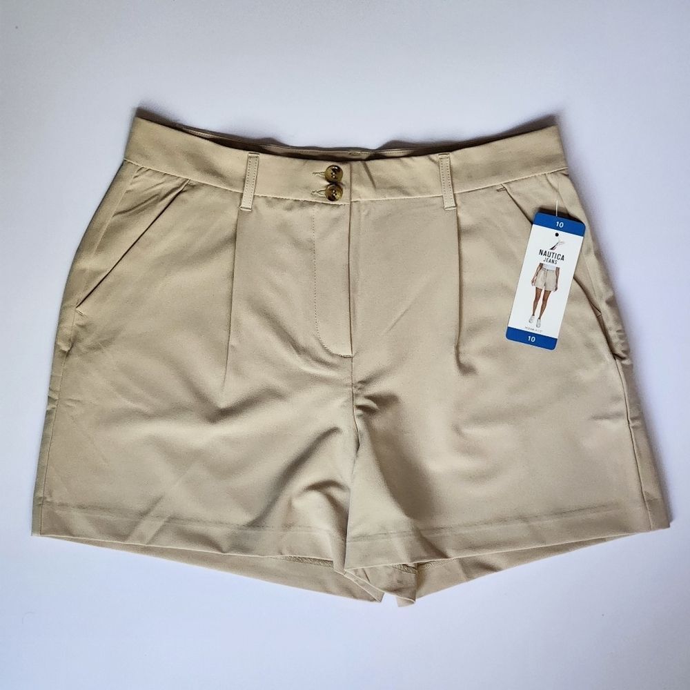NEW!! NAUTICA Women Tan Beige Shorts Dressy Casual With Pockets & Pleats Size 10 - Picture 2 of 10